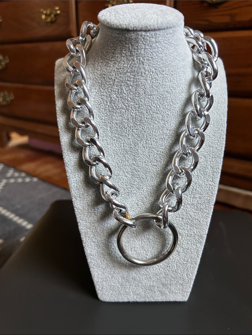 Silver Chunky Chain Necklace with O-Ring Pendant